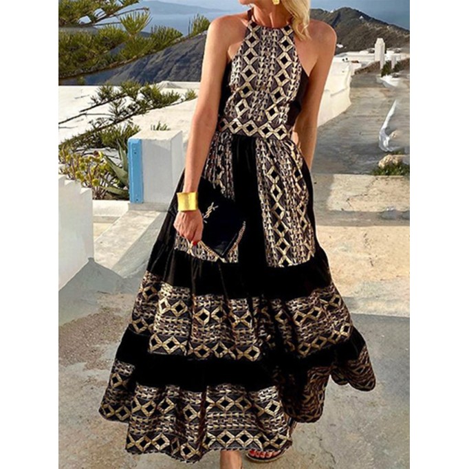 Casual Print Halter Cake Skirt Dresses