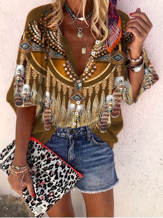 Casual Retro Ethnic Print Blouses