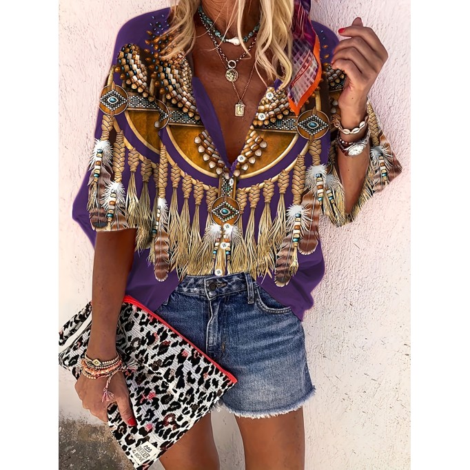 Casual Retro Ethnic Print Blouses