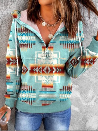 Casual retro printed drawstring long sleeve sweatshirt