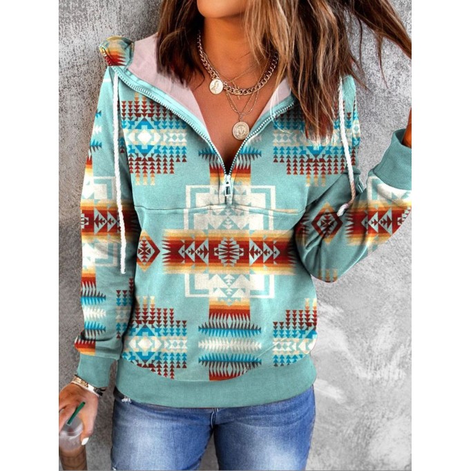 Casual retro printed drawstring long sleeve sweatshirt