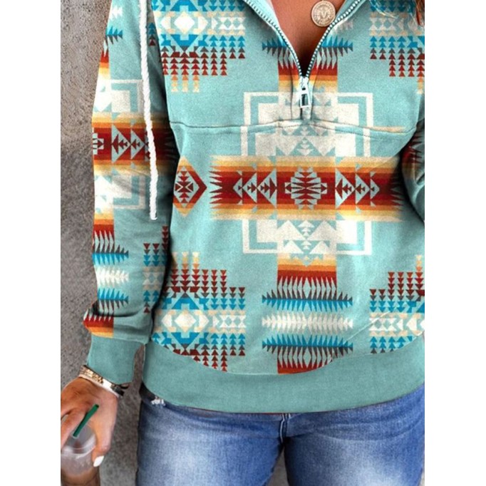 Casual retro printed drawstring long sleeve sweatshirt