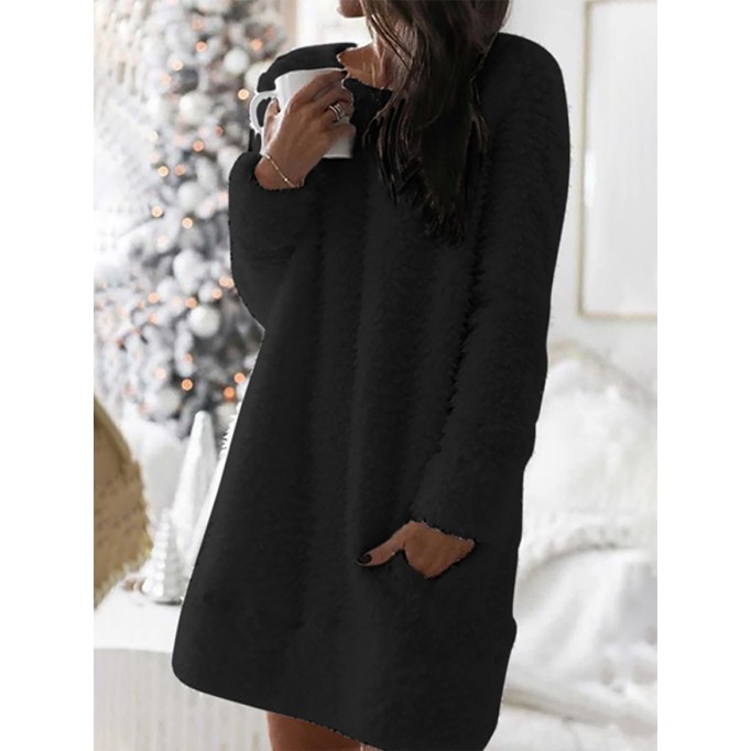 Casual Solid Patchwork Pocket O Neck A Line Dresses