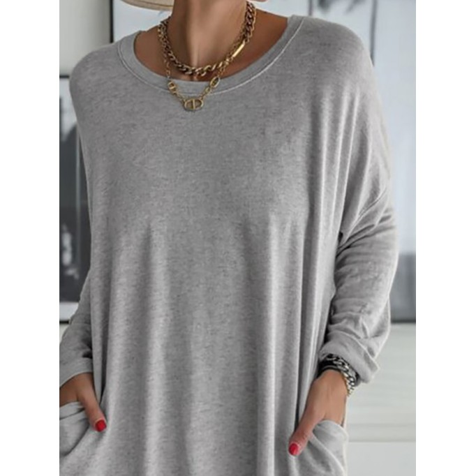 Casual Solid Patchwork Pocket O Neck Tops