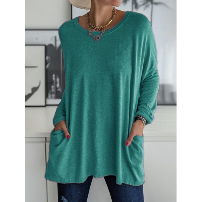 Casual Solid Patchwork Pocket O Neck Tops