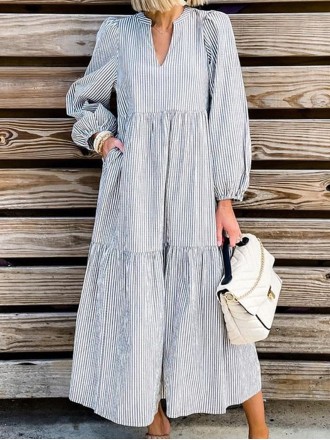 Casual Striped V Neck Long Dress Dresses