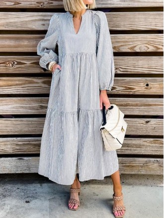 Casual Striped V Neck Long Dress Dresses