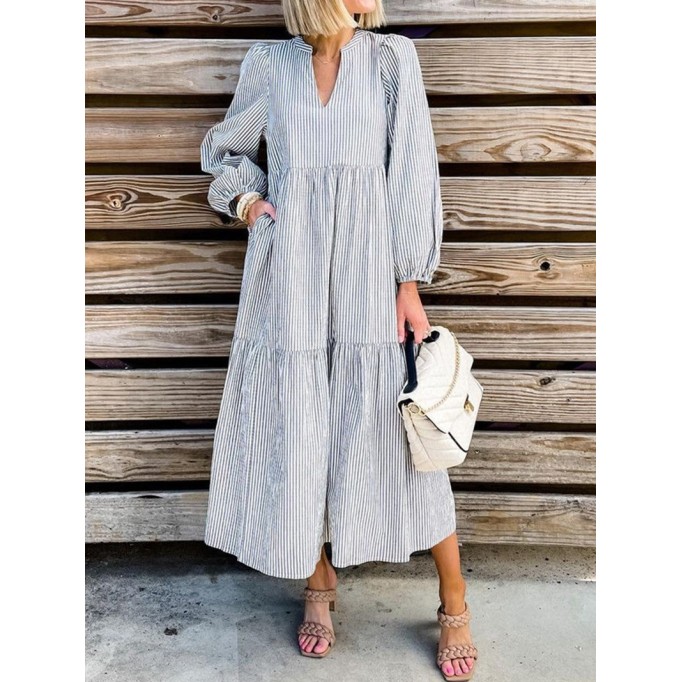 Casual Striped V Neck Long Dress Dresses