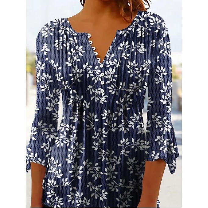 Casual V Neck 3/4 Sleeve Button Flowing Shirt Blouse