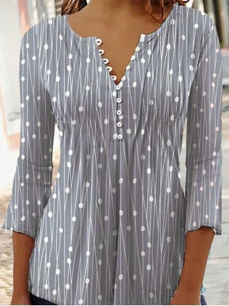 Casual V-neck 3/4 Sleeves Polka Dots Stripes Top