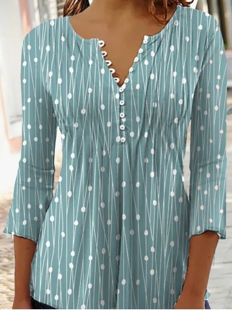 Casual V-neck 3/4 Sleeves Polka Dots Stripes Top