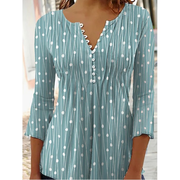 Casual V-neck 3/4 Sleeves Polka Dots Stripes Top