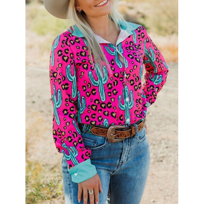 Casual Western Contrast Cactus Print Shirt