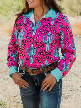 Casual Western Contrast Cactus Print Shirt