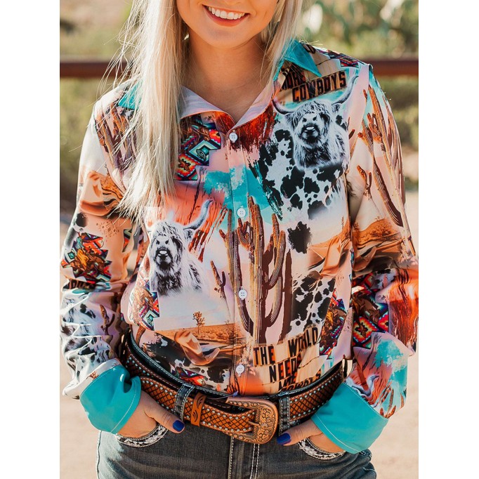 Casual Western Contrast Cowgirl Print Shirt