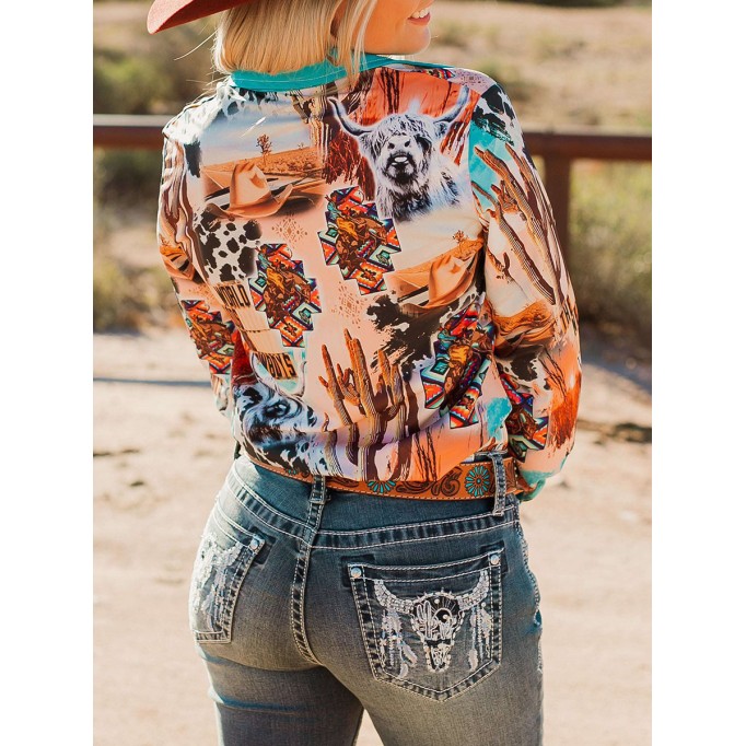 Casual Western Contrast Cowgirl Print Shirt