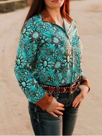 Casual Western Turquoise Print Shirt