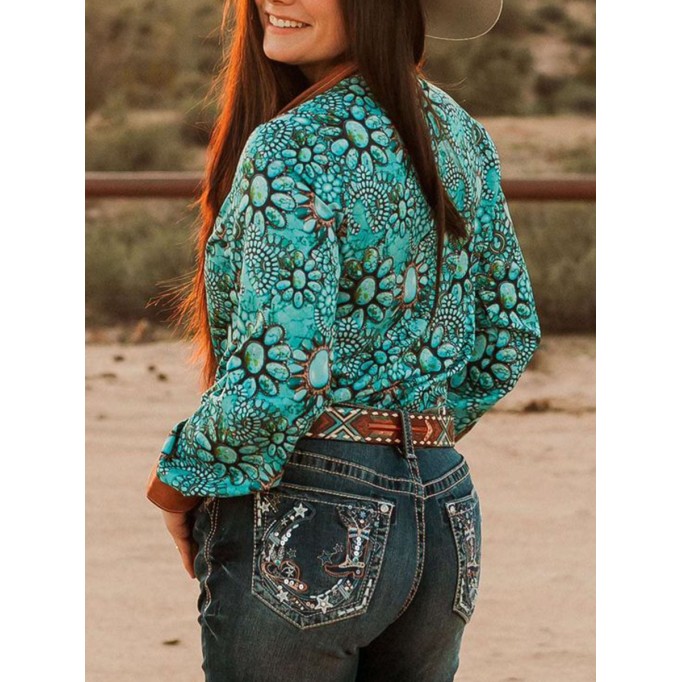 Casual Western Turquoise Print Shirt