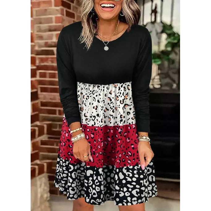 Color Block Leopard O-Neck Mini Dress