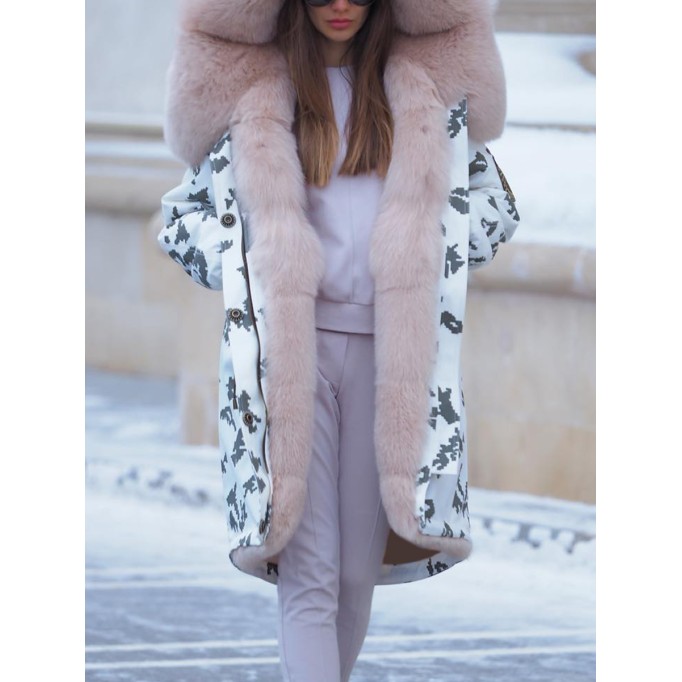 Contrast color fur collar patchwork hooded coat