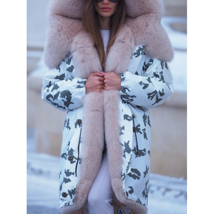 Contrast color fur collar patchwork hooded coat