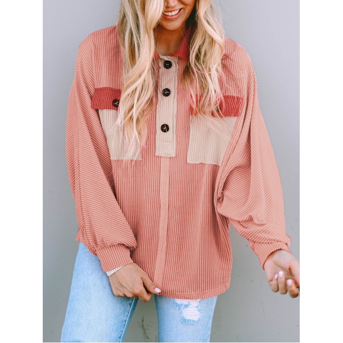 Contrast Corduroy Chest Pocket Button Top