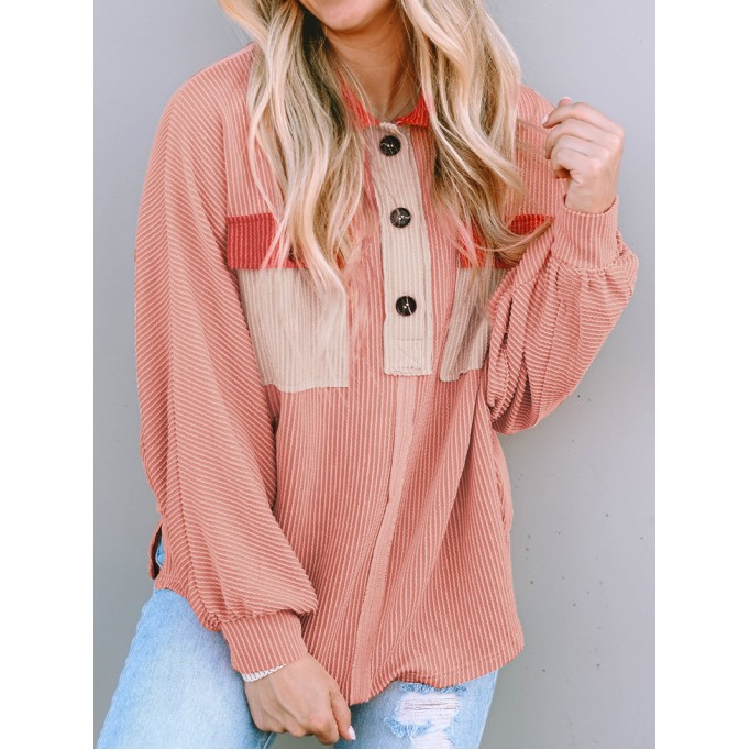 Contrast Corduroy Chest Pocket Button Top