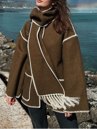 Contrast fringe scarf woolen jacket