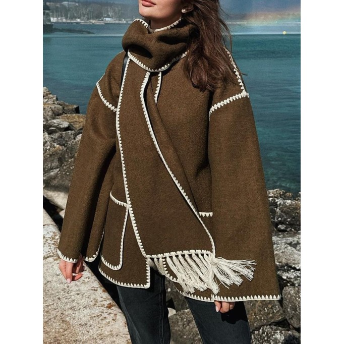 Contrast fringe scarf woolen jacket