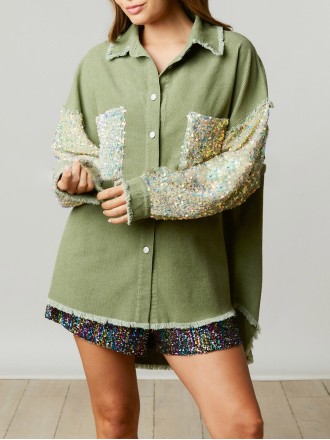 Corduroy Sequin Patchwork Long Sleeve Jacket