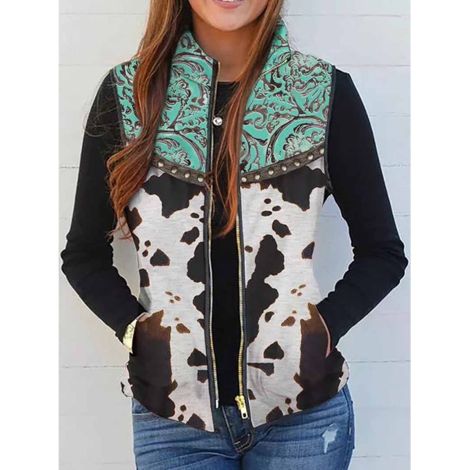 Cow Abstract Graphic Zipper Pocket Warm Vest Coat