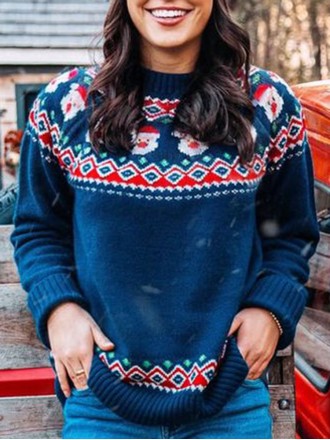 Dark Blue Casual Santa Print Sweater