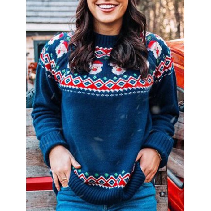 Dark Blue Casual Santa Print Sweater