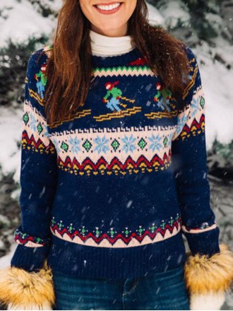 Dark Blue Casual Sleigh Print Sweater