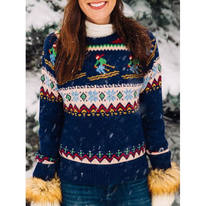 Dark Blue Casual Sleigh Print Sweater