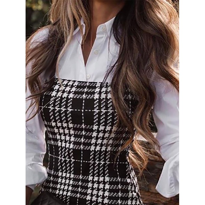 Elegant Plaid Buckle Shirt Collar Wrapped Skirt Dresses