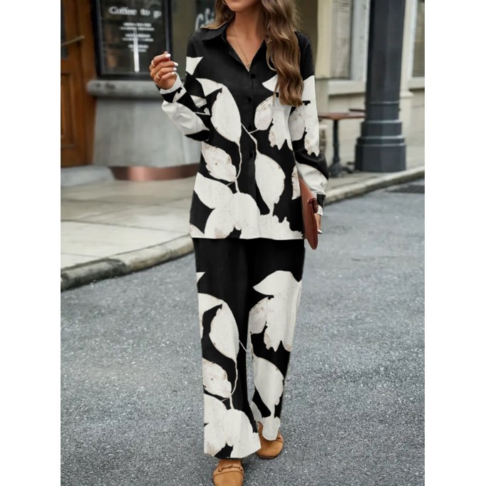 Elegant print loose shirt pantsuit