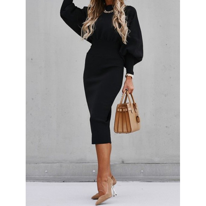 Elegant solid color patchwork foldable O-neck waistband dress