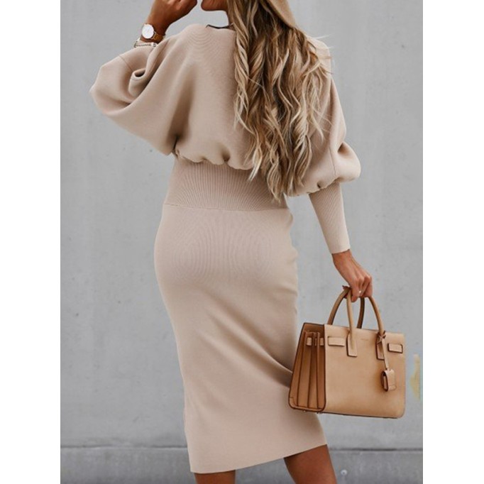 Elegant solid color patchwork foldable O-neck waistband dress