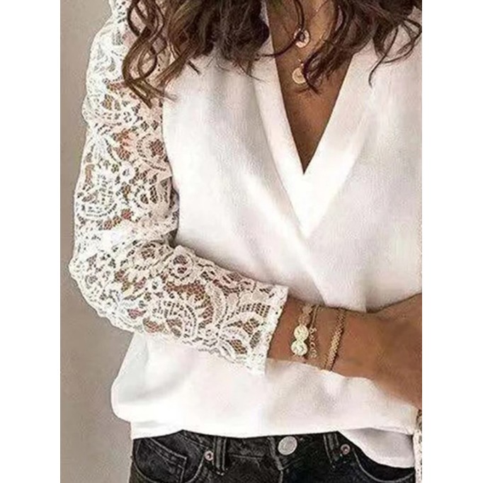 Elegant white V-neck lace sleeve patchwork shirt