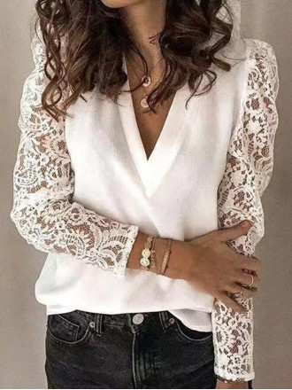 Elegant white V-neck lace sleeve patchwork shirt