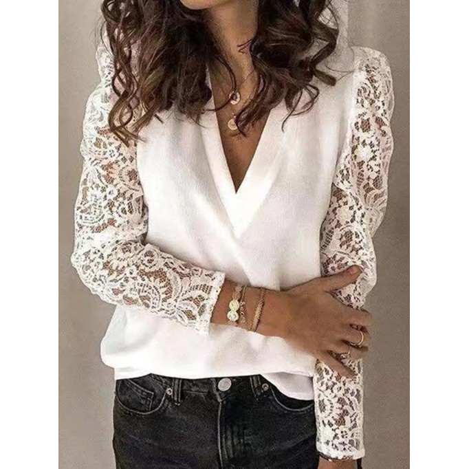 Elegant white V-neck lace sleeve patchwork shirt