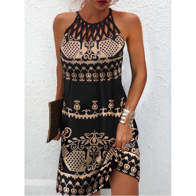 Ethnic printed mesh sleeveless casual dress