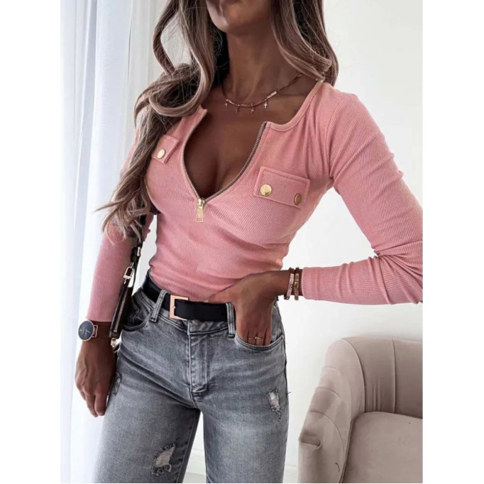 Fashion Knitted Slim Fit Long Sleeve Zipper Top