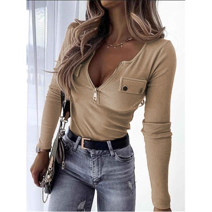 Fashion Knitted Slim Fit Long Sleeve Zipper Top