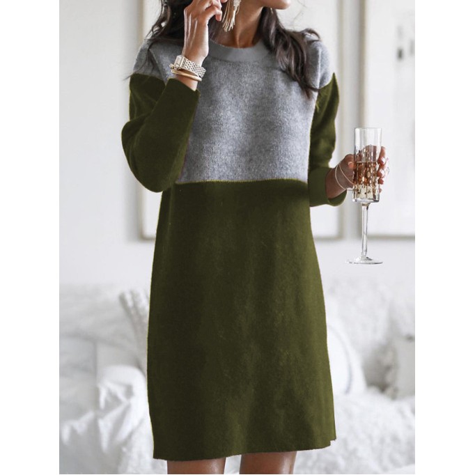 Fashion Patchwork Solid Patchwork O Neck Long Sleeve Dresses