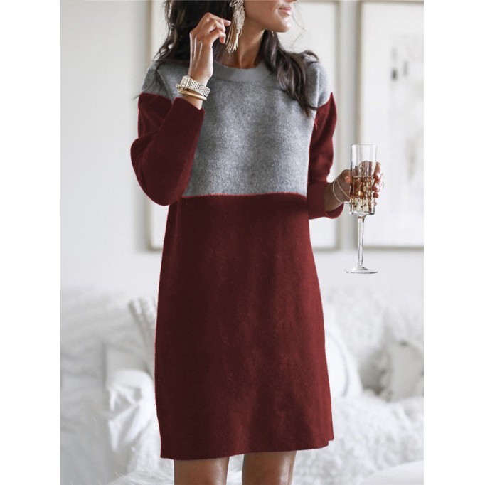 Fashion Patchwork Solid Patchwork O Neck Long Sleeve Dresses