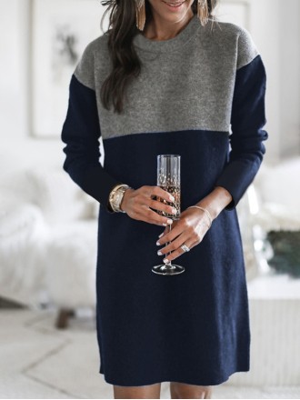 Fashion Patchwork Solid Patchwork O Neck Long Sleeve Dresses