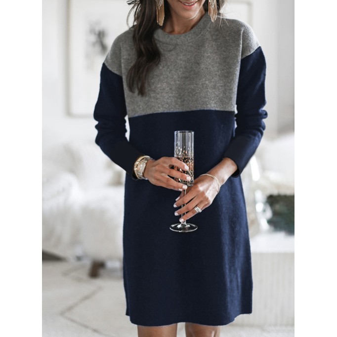 Fashion Patchwork Solid Patchwork O Neck Long Sleeve Dresses