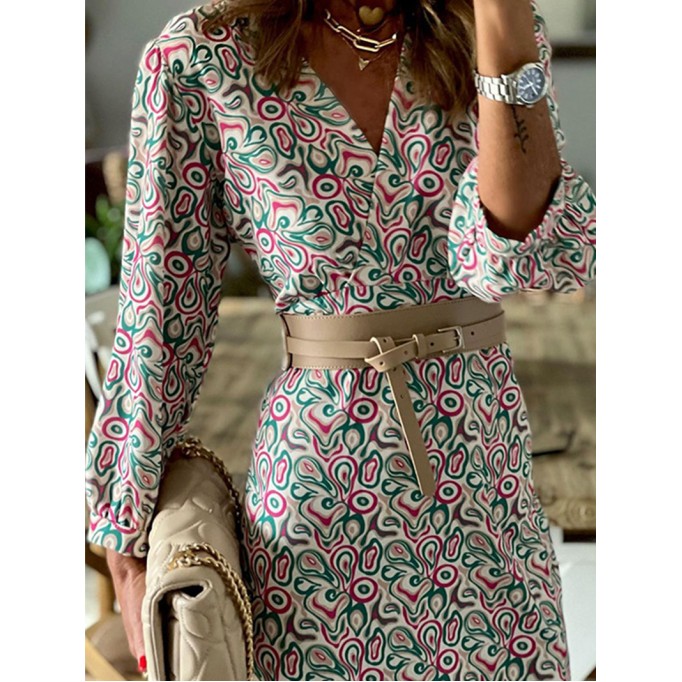 Fashion Print Patchwork V Neck Waist Skirt Dresses